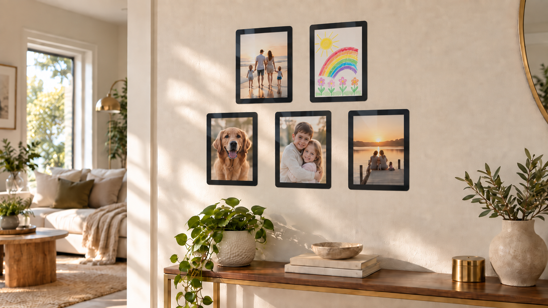 Gallery wall of photos hung without nails using Fodeez reusable adhesive frames on a textured apartment wall